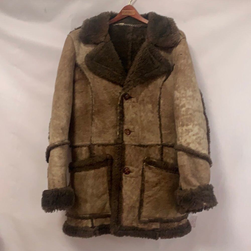 VINTAGE GINO BROWN LEATHER SHEEPSKIN SHERLING COAT SIZE 12‎